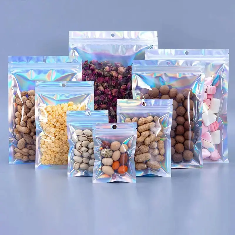 Mylar Bags 50pcs Thick Smell Proof Holographic Laser Color Plastic Packaging Pouch Jewelry Retail Storage Pouch Gift Zip Lock