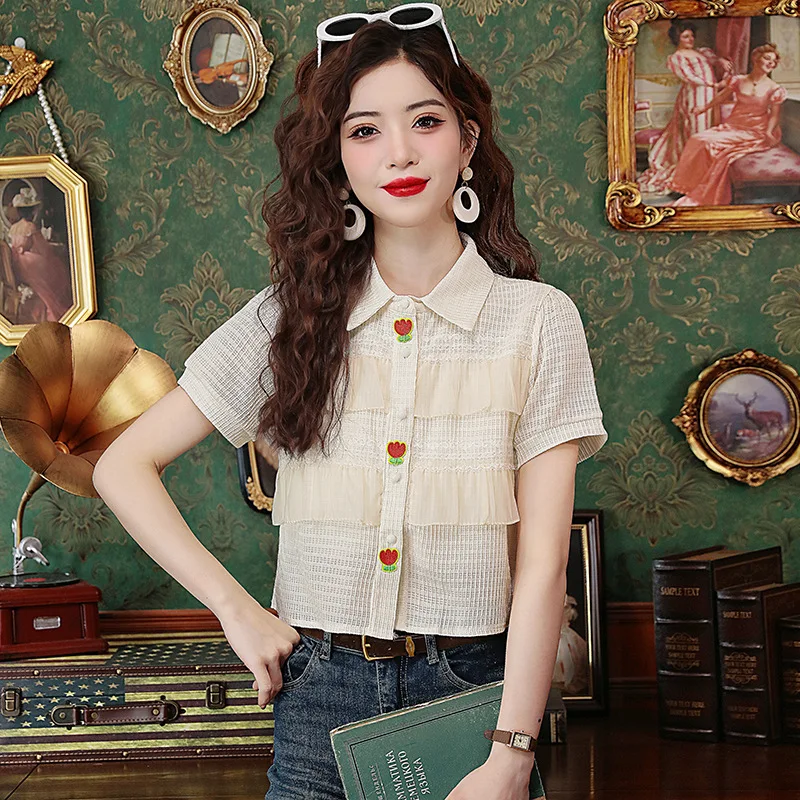 Summer Women's Ruffle Edge Layered Chiffon Short Sleeve Bottoming Shirt Oversized Fashion Versatile Polo Collar Slim Shirt Top