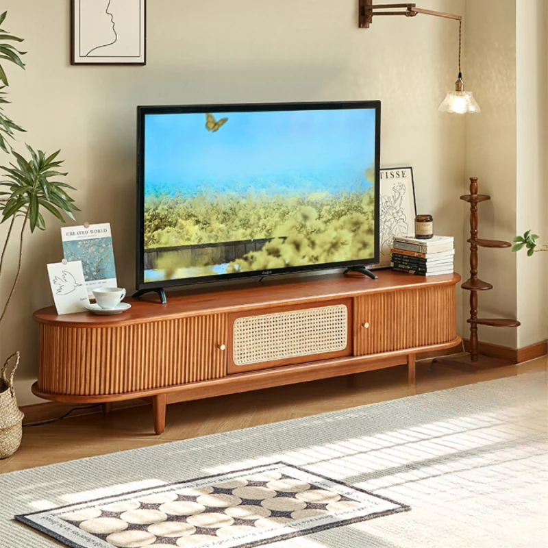 

Vintage TV cabinet, coffee table combination, solid wood rattan storage cabinet, simple and modern
