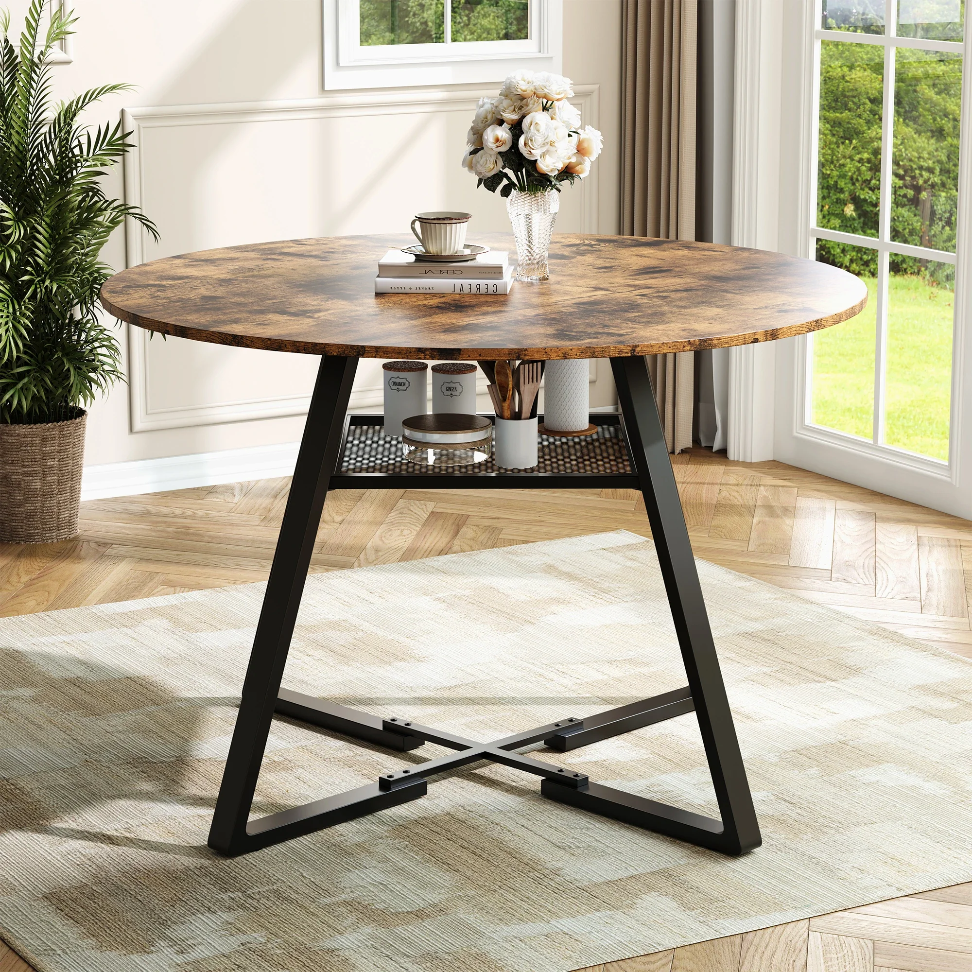 Rosahqnda Runder Esstisch, 120 cm rustikaler Esstisch mit Metallsockel, Tisch für Küche, Wohnzimmer, Esszimmer – Detail 12