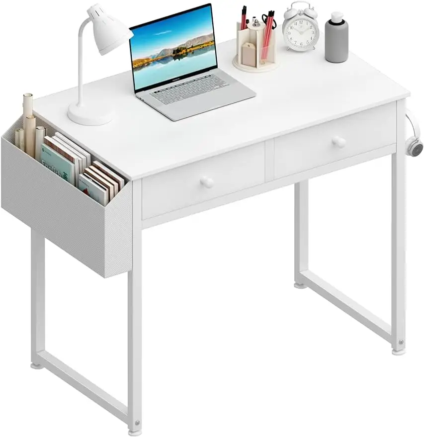 Lufeiya Small White Desk with Drawers - for Bedroom, 32 Inch Home Office Computer Desk with Fabric Storage Drawer and Bag, Study 4 pcs lot 2 inch directional wheel drawer pulley bookcase furniture guide rubber silent caster roller