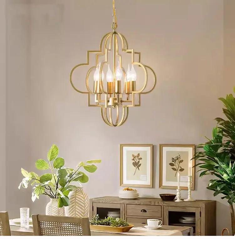 Vintage American Wrought Iron Gold Chandelier Design Living Room Pendant Lamp Nordic Dining Room Bedroom Cafe Kitchen Light