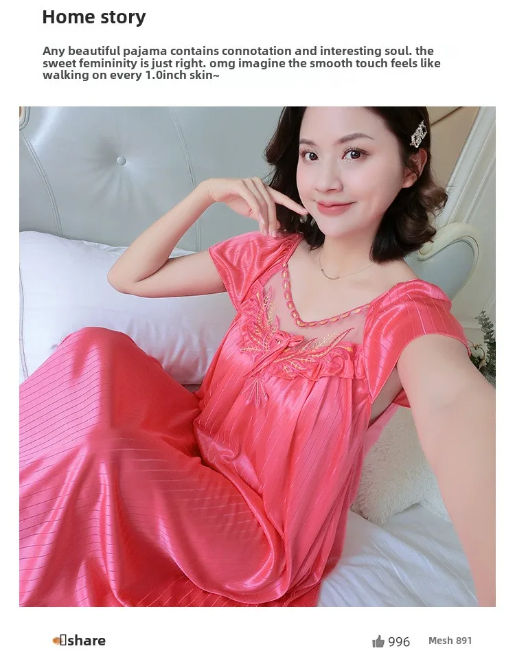 Ladies Nightdress Sexy Ice Lace Large Size Solid Color Flower Pajamas Thin Short-sleeved Lace Skirt Night Dress Women Dress