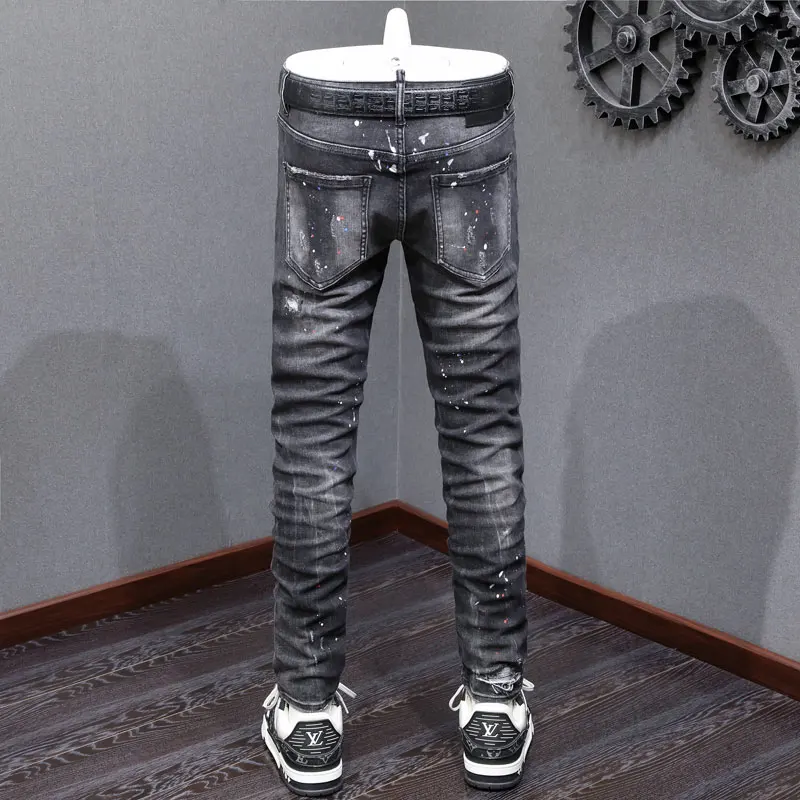 Street Fashion Men Jeans High Quality Retro Black Gray Stretch Slim Fit Ripped Jeans Men Painted Designer Hip Hop Brand Pants