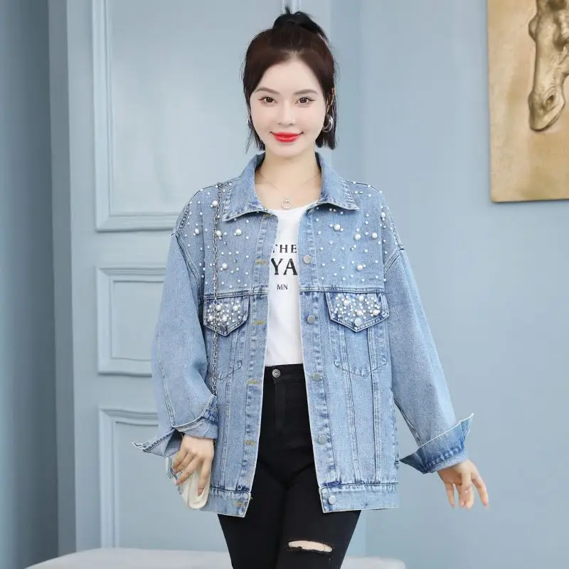 

2024 Spring Autumn new beading Denim Jacket Women fashion Vintage jeans Coat female Single Breasted loose Cowboy clothes T243