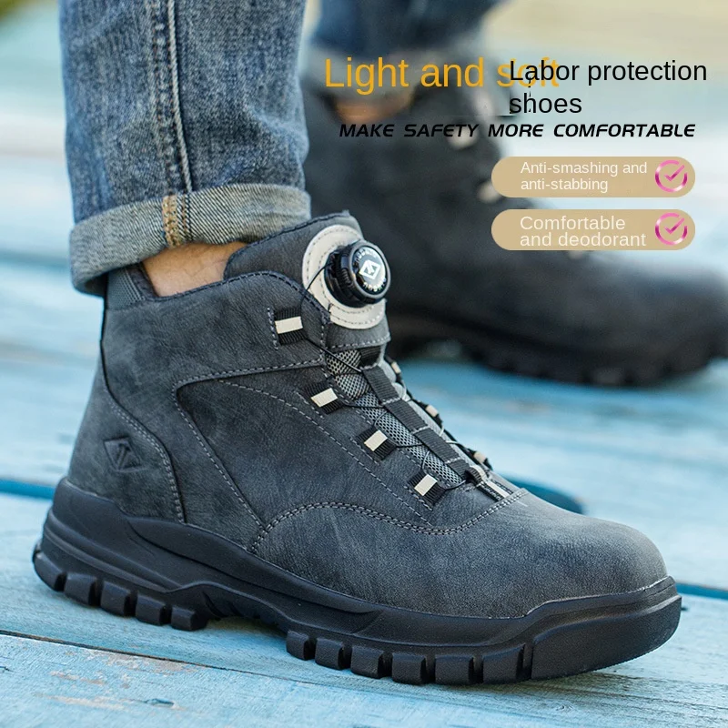 

Knob Buckle, Plush, Lace Free, High Top Safety Boots, Safety Shoes, All Season Men's Anti Smashing and Anti Piercing Work Shoes
