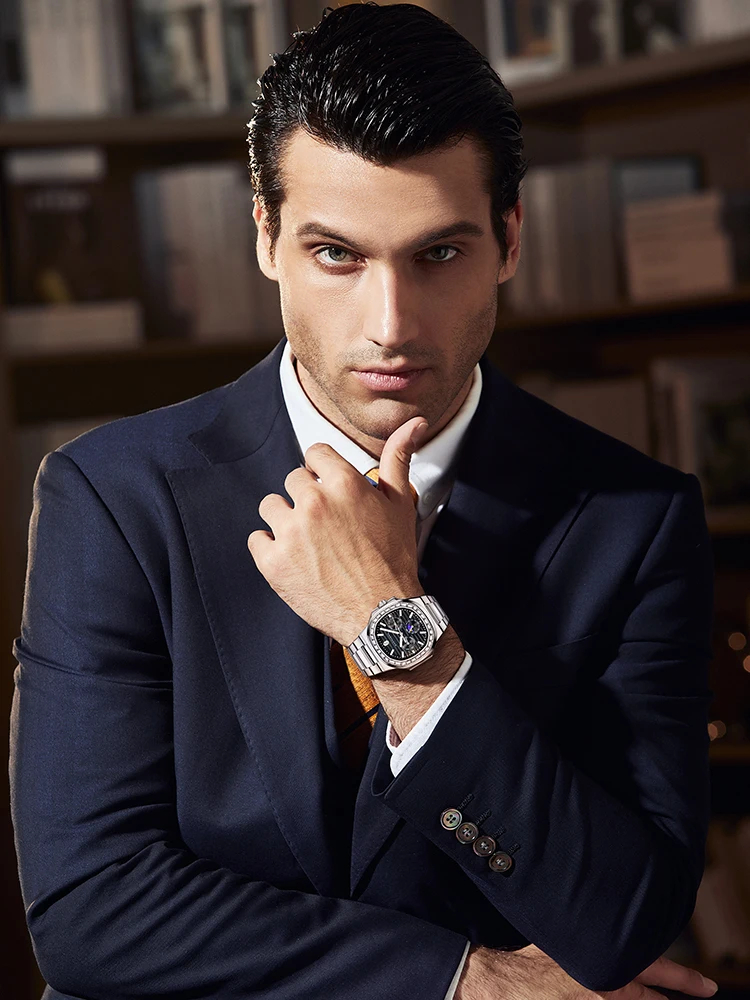 ROSEBEAR Orologio digitale da uomo con cinturino in acciaio inox, impermeabile 30 m, orologio digitale elettronico Dual Time Luxury da uomo, piccolo orologio dorato LED luminoso, argento, Bracciale
