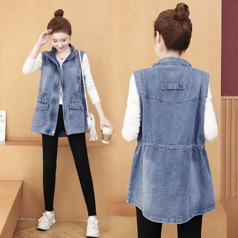 

Vintage Denim Vest Coat Women 2023 Spring Korean Thin Sleeveless Jacket Mid-Length Waistcoat Female Loose Outerwear Tide H2792