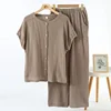 Muslin 100% Cotton Gauze 2 Piece Sets Womens Outfits Button Up Short Sleeve Tees + Long Trouser Sets Comfortable Tracksuit 6