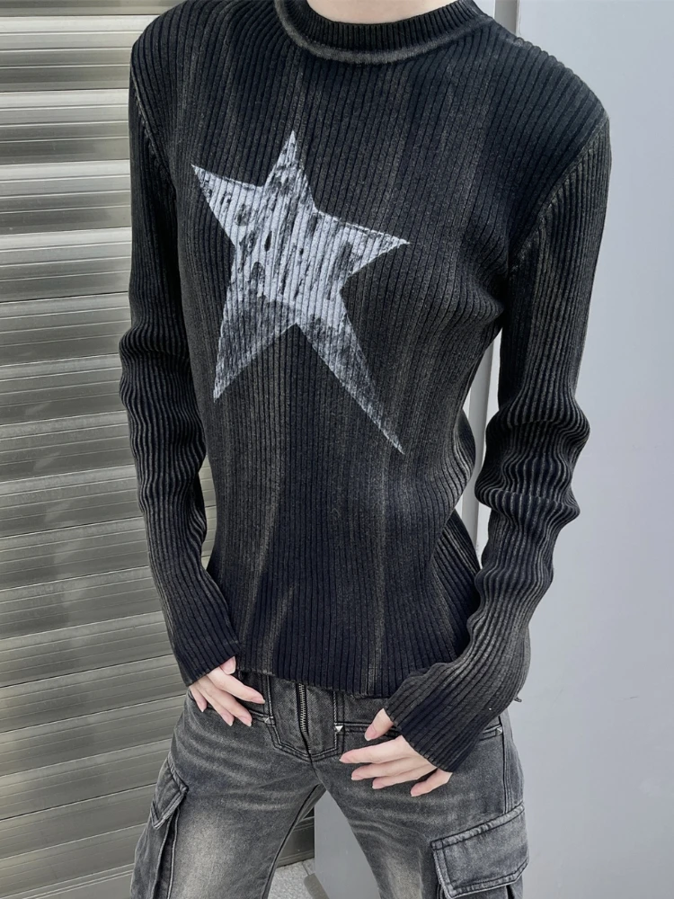 

ADAgirl American Retro Star Graphic Sweater Women Gray Long Sleeve Ribbed Knitwear Punk Style Y2k Tops Spring Autumn Alt Clothes