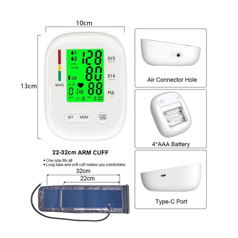 Smart Blood Pressure Monitor Arm Cuff Tonometer Digital Sphygmomanometer Electronic Medical BP Monitors Upper Arm