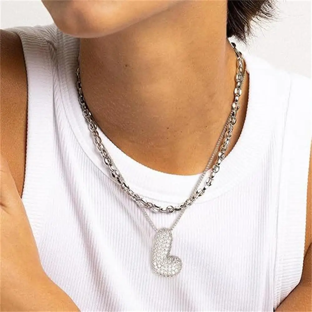 Punk Shiny Rhinestone CZ Balloon Bubble A-Z Neckalces Stainless Steel Zircon Letter Initial Box Chain Choker Retro Jewelry Gift