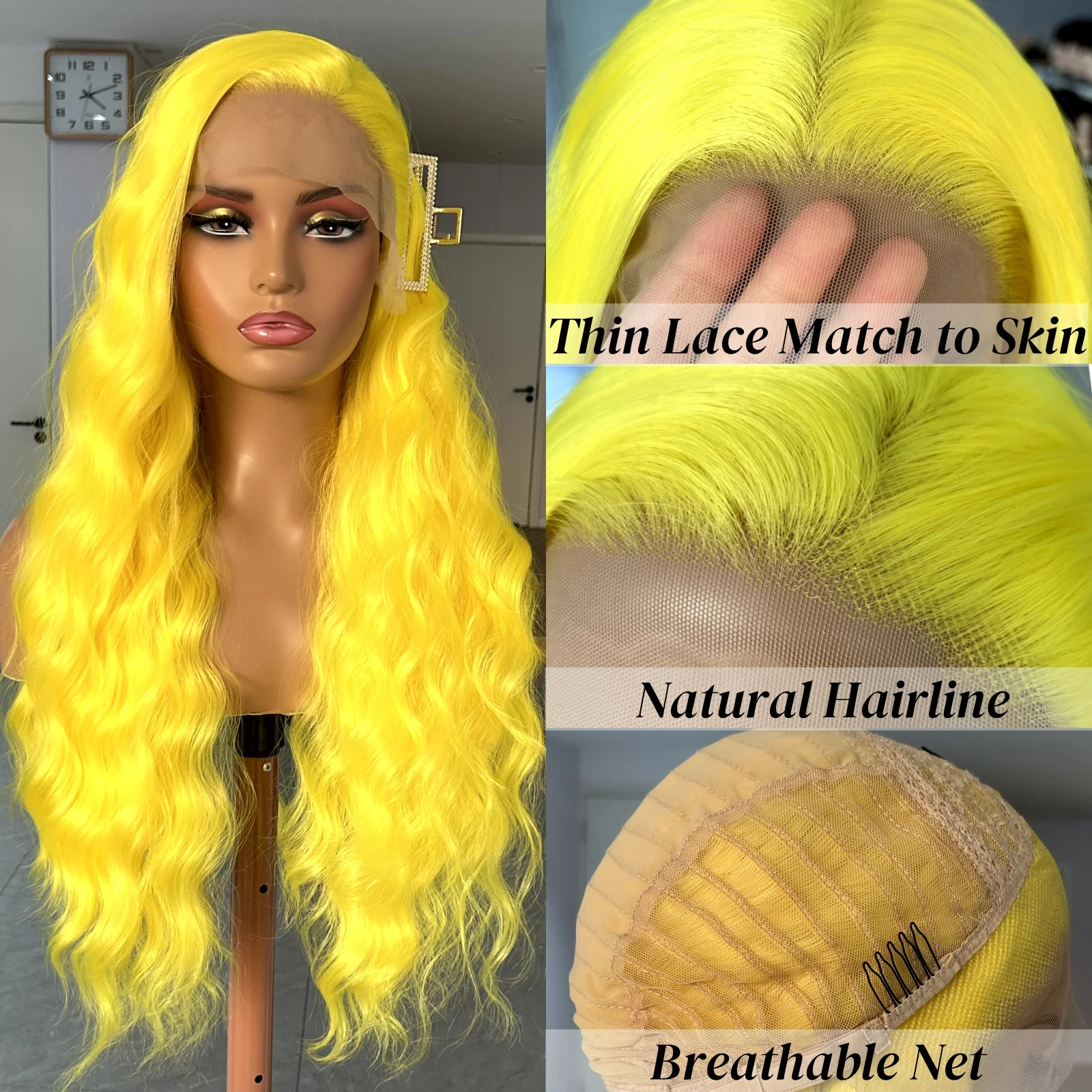 Lemon Yellow Wig Long Wavy Natural Curly Synthetic Lace Front Wig Free Party Deep Wave Colored 13X4 Frontal Wigs for Women Party