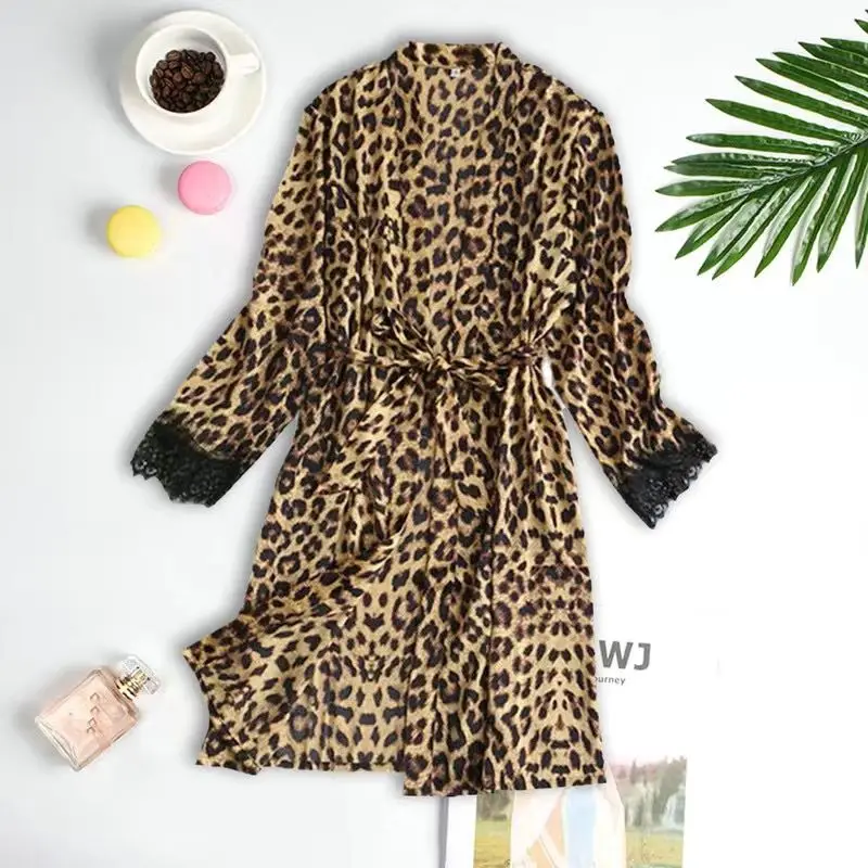 Womens Imitation Silk Bathrobe, Leopard Print With Lace Nightdress ,Home Clothes