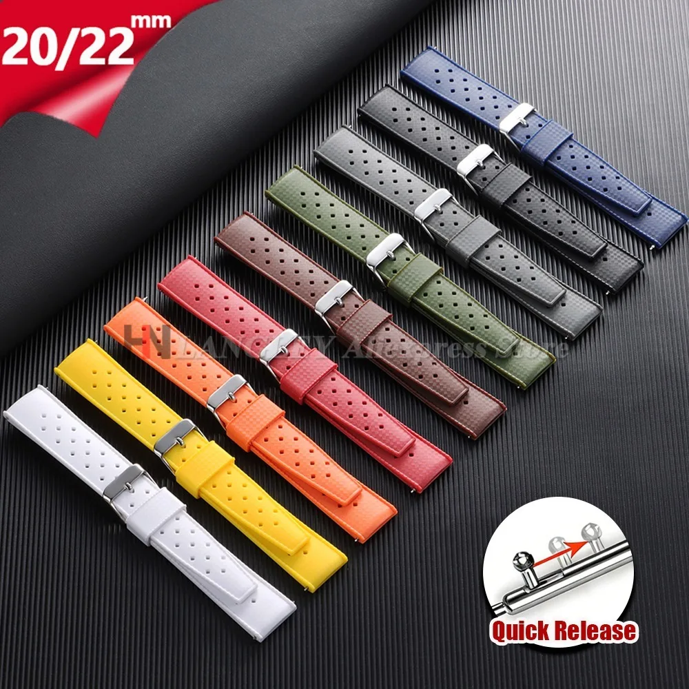 Premium Tropical Soft Silicone Universal Watch Strap - Quick Release Rubber Band in Flat End Design, Available in 20mm and 22mm