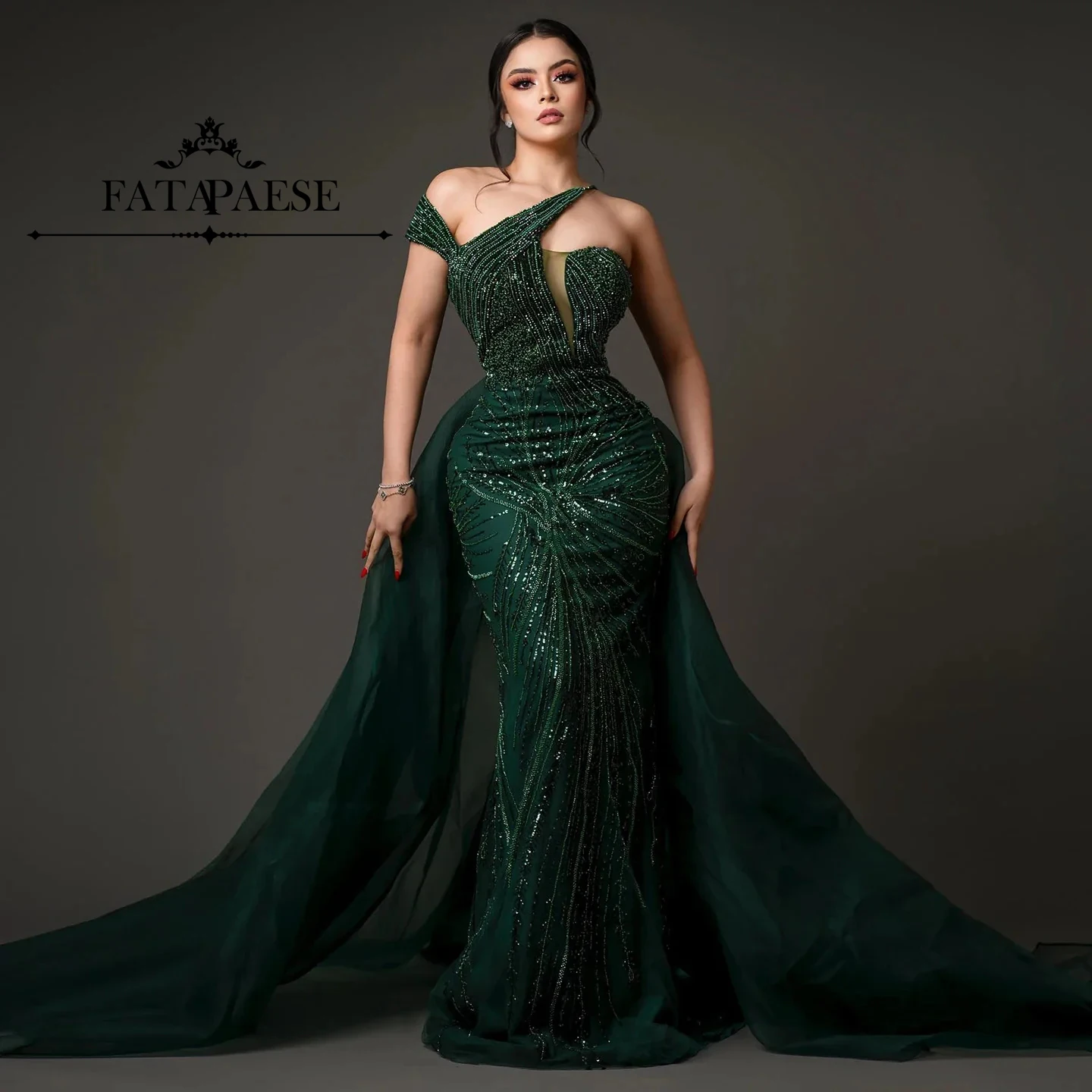 

FATAPAESE Luxury Emerald Green Evening Dress with Overskirt Elegant One Shoulder Women Wedding Party Prom Formal Gowns