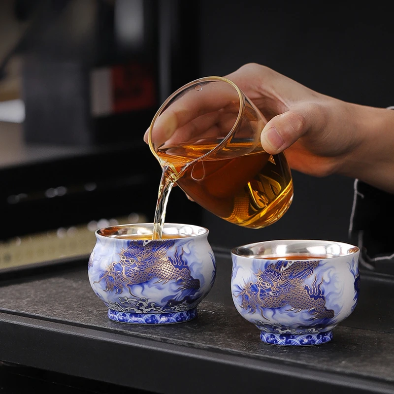 Exquisite enamel gilded silver dragon patterned tea cup 1pcs Ceramic Tea Bowl Home Pu 'er Master Cup Handmade Porcelain Tea Set