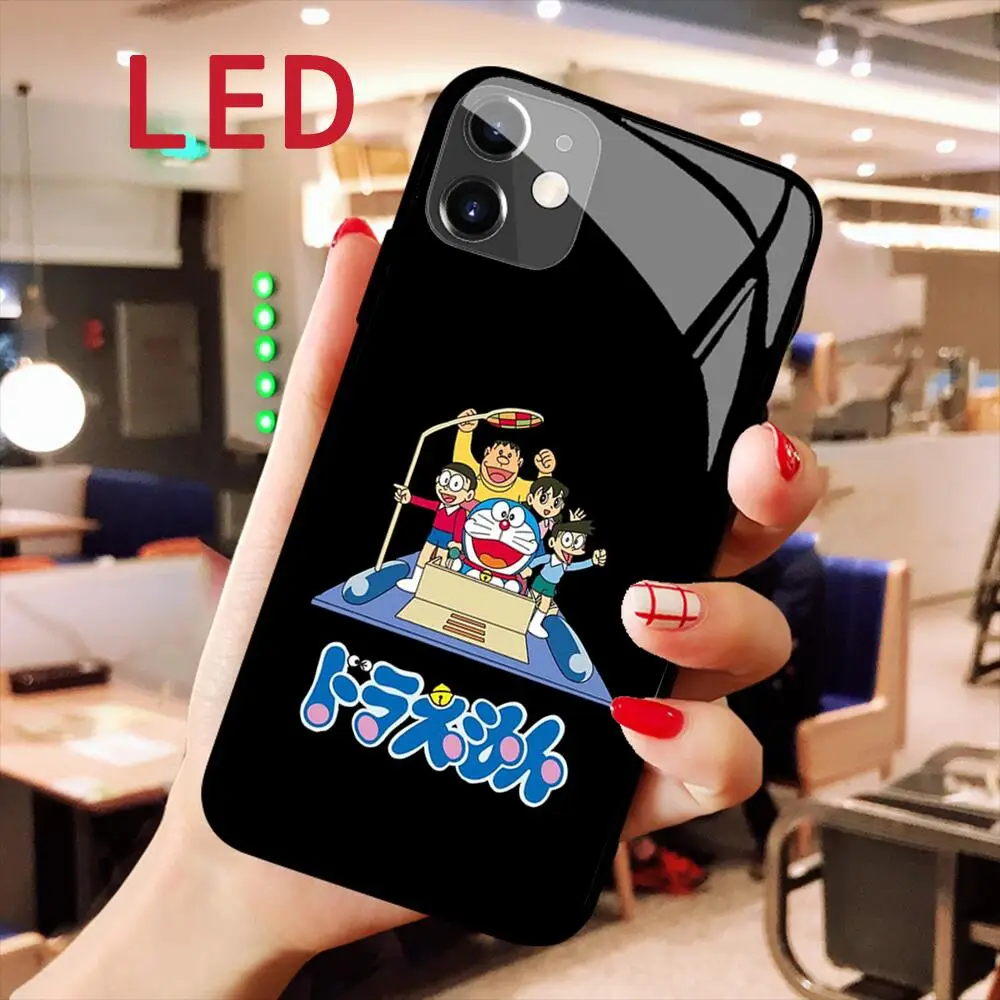 Doraemon animation LED Luminous Glass phone Case For IPhone 13 12 11 Pro Max Mini X XS  Max 7plus 6 6S cover cool iphone 12 mini cases