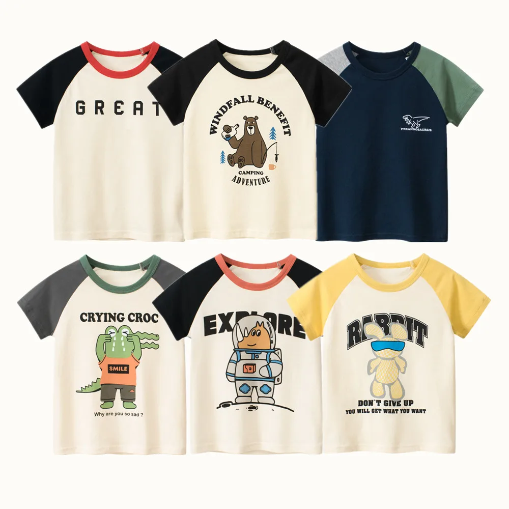 

2024 Children T-Shirts Clothes for Boy 100% Cotton Bear Crocodile Spaceman Cartoon Kids Girls Short Sleeve Casual Sport Top Tees