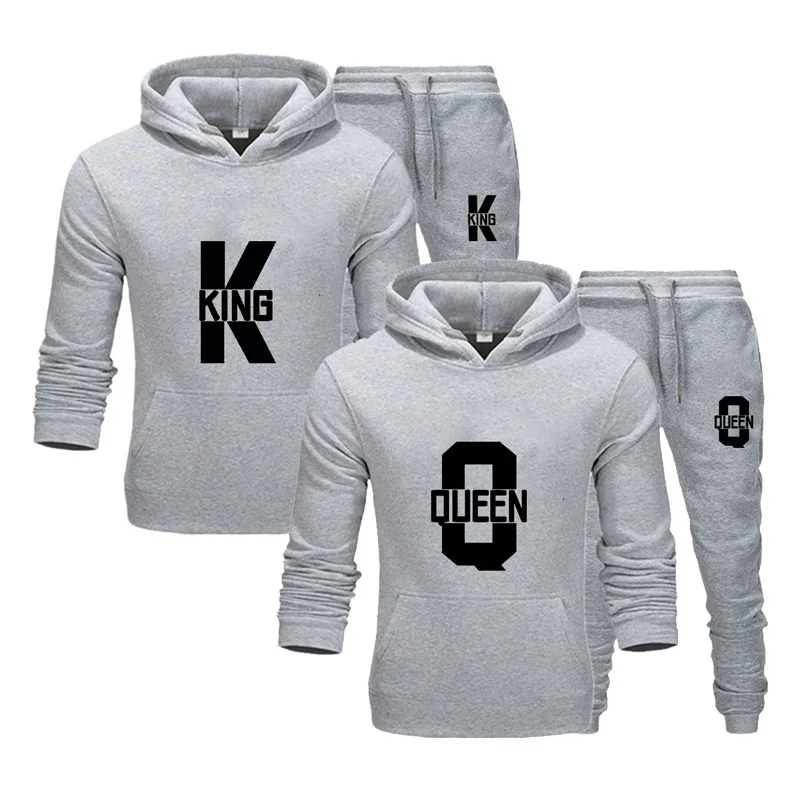 Fashion Lover Couple Clothing Sportwear Set KING QUEEN Printed Hooded Clothes 2PCS Set Women Hoodie and Pants Suit Hoodies 5