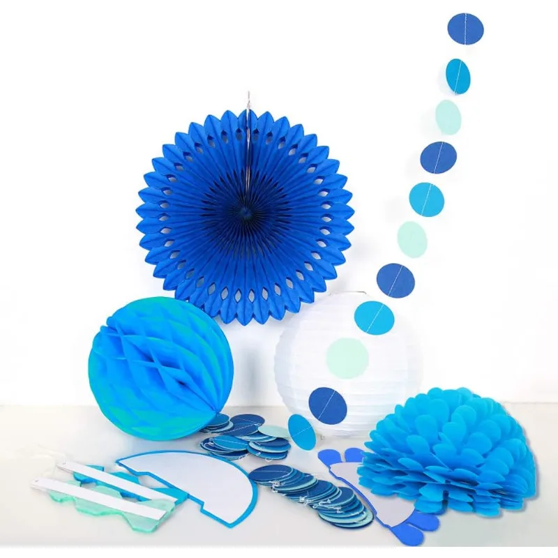Under The Sea Theme Blue Birthday Party Decorations Circle Garlands Paper Pom Poms Decoration for Mermaid Baby Shower Kids Room