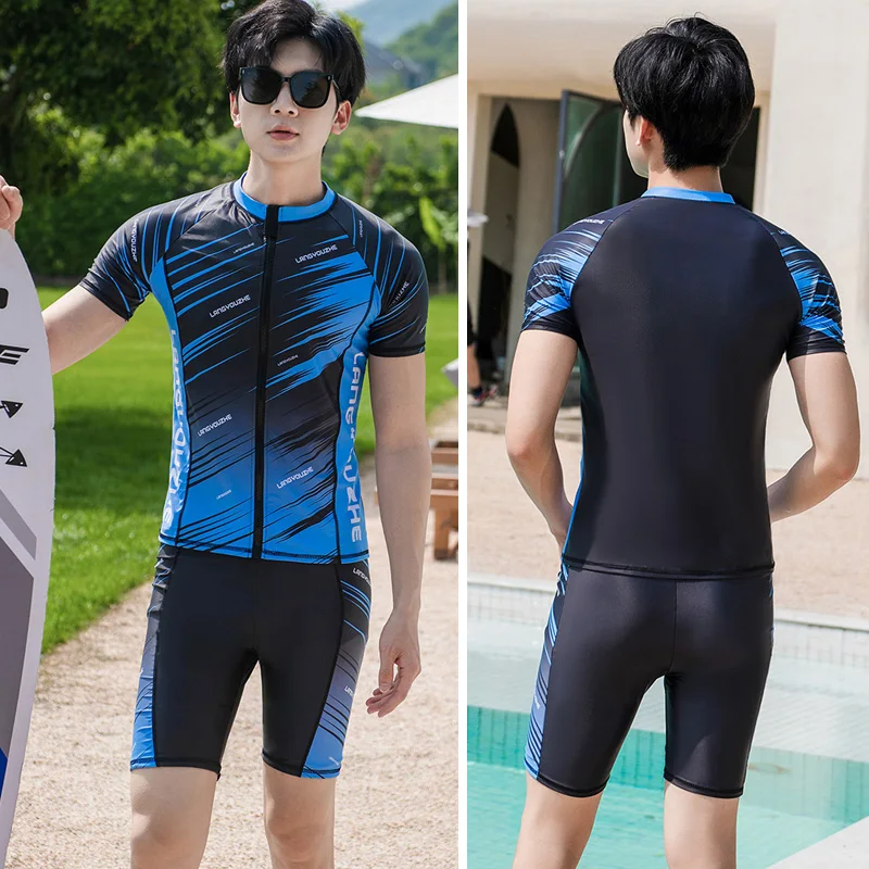 Men's Sun Protection Shirts+Trunks 2pcs/set Short Sleeve Zip Up Rash Guards Fishing Running Tops/Bottoms Quick Dry Lightweight