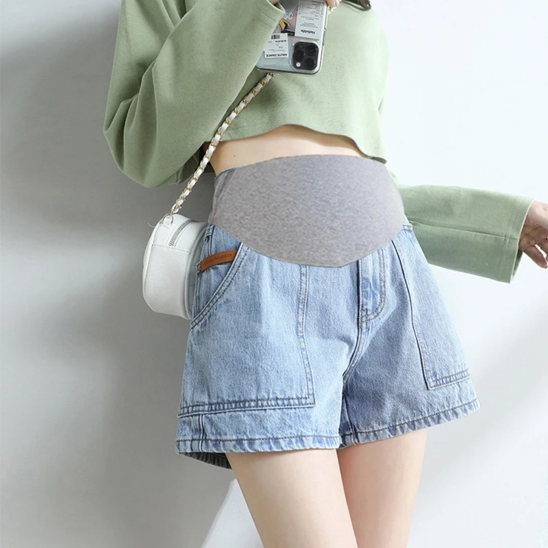 2023 Summer Wide Legs Pregnant Women's Denim Shorts Loose Casual Sports Pants with Large Pockets Maternity Denim Trousers Blue