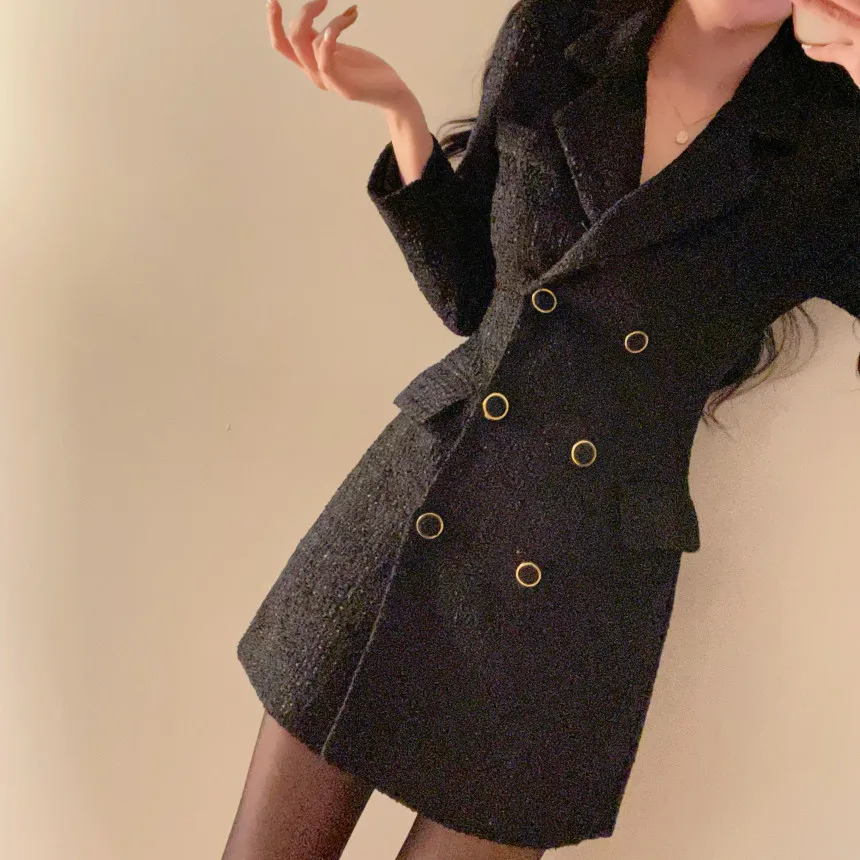 Autumn Winter Elegant Tweed Blazer Dress Double Breasted Slim Short Dresses for Women Korean Fashion Office Lady Coat Dress New