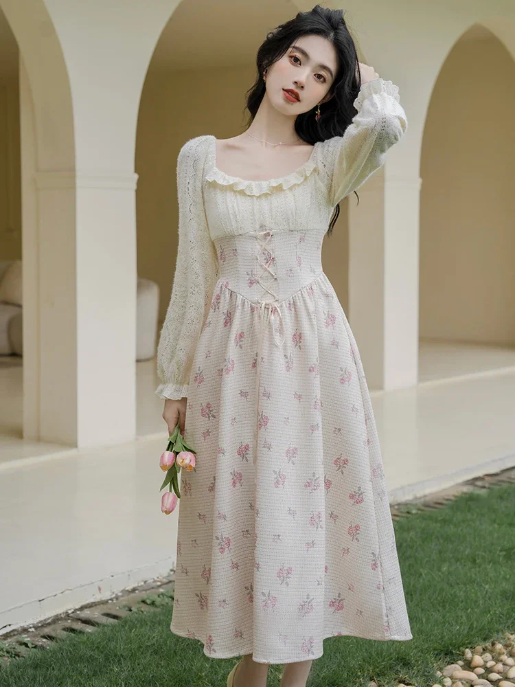 

French Style Fairy Dresses for Women Pink Sweet Ruffle Square Neck Print Retro Dress Lace Patch Elegant Party Vestidos be Mujer