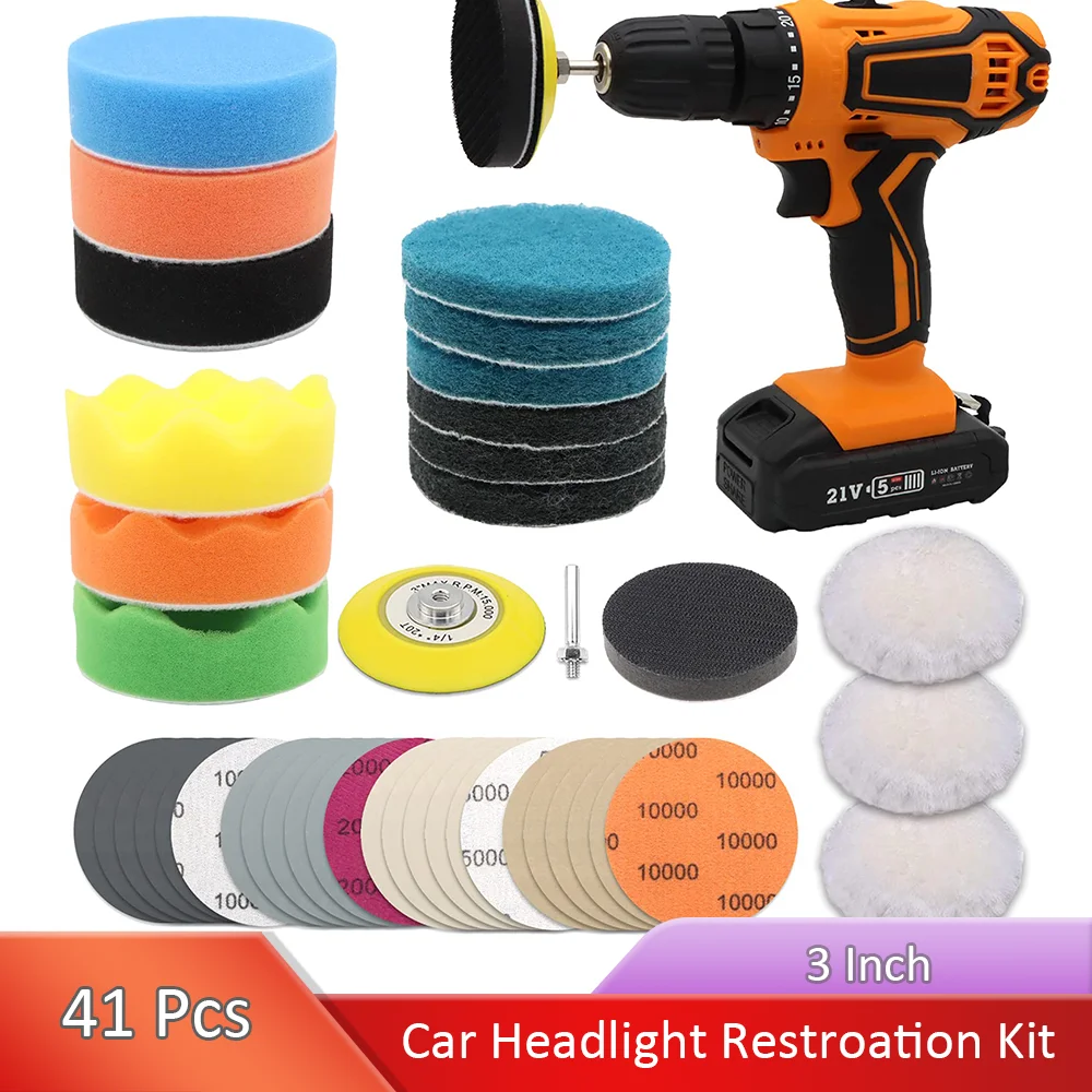 Car Headlight Restoration Kit 3 Inch Polishing Sanding Discs with Automotive Polisher Scouring Buffing Sponge Soft Interface Pad