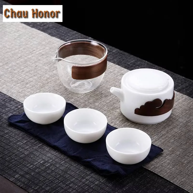 Chinese Mutton-fat Jade White Porcelain Tea Set Kit Handmade 1 Pot 3 Cups Tea Making Designer Picnic Portable Tote Bag Teaset