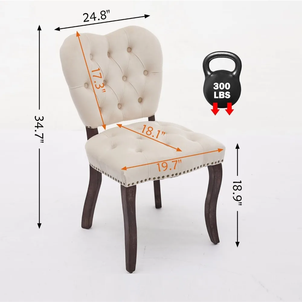 French Vintage Tufted Upholstered Dining Chairs, Beige Fabric with Wooden Legs, Ideal for Kitchen, Dining Room & Cafe, Set of 4 3