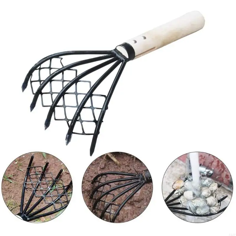652F Claw Rake with Mesh Net 15 Inch Hand Rake 5-Tine Steel Clamming Claws Long Lightweight Handled for Shell Clam Digger