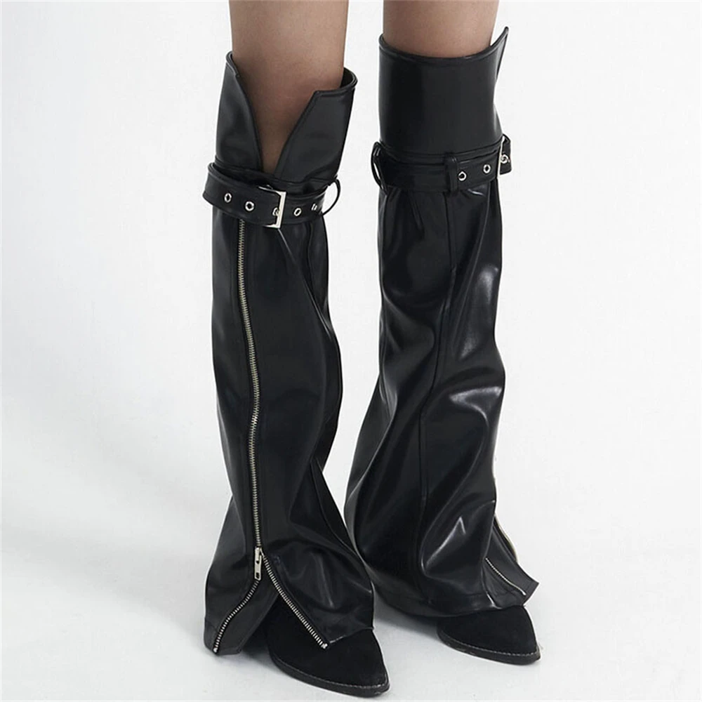 

PU Leathers Punk Metal Buckle Leg Cover Y2K Punk Black Flared Leg Sleeves Women Long Lolita Gothic Warmer Knee High Boots Socks