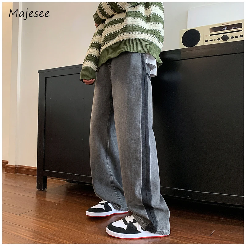 

Side Stripe Jeans Men Wide Leg Simple Panelled Mid Waist All-match Fitness Youthful Vitality Stylish Streetwear Korean Style
