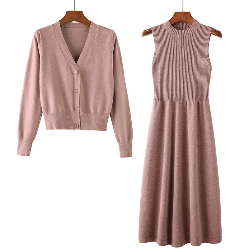 

2023 New Early Autumn Long Sleeved Sweater Dresses Two Piece Set with Loose Knitted Cardigan for Women