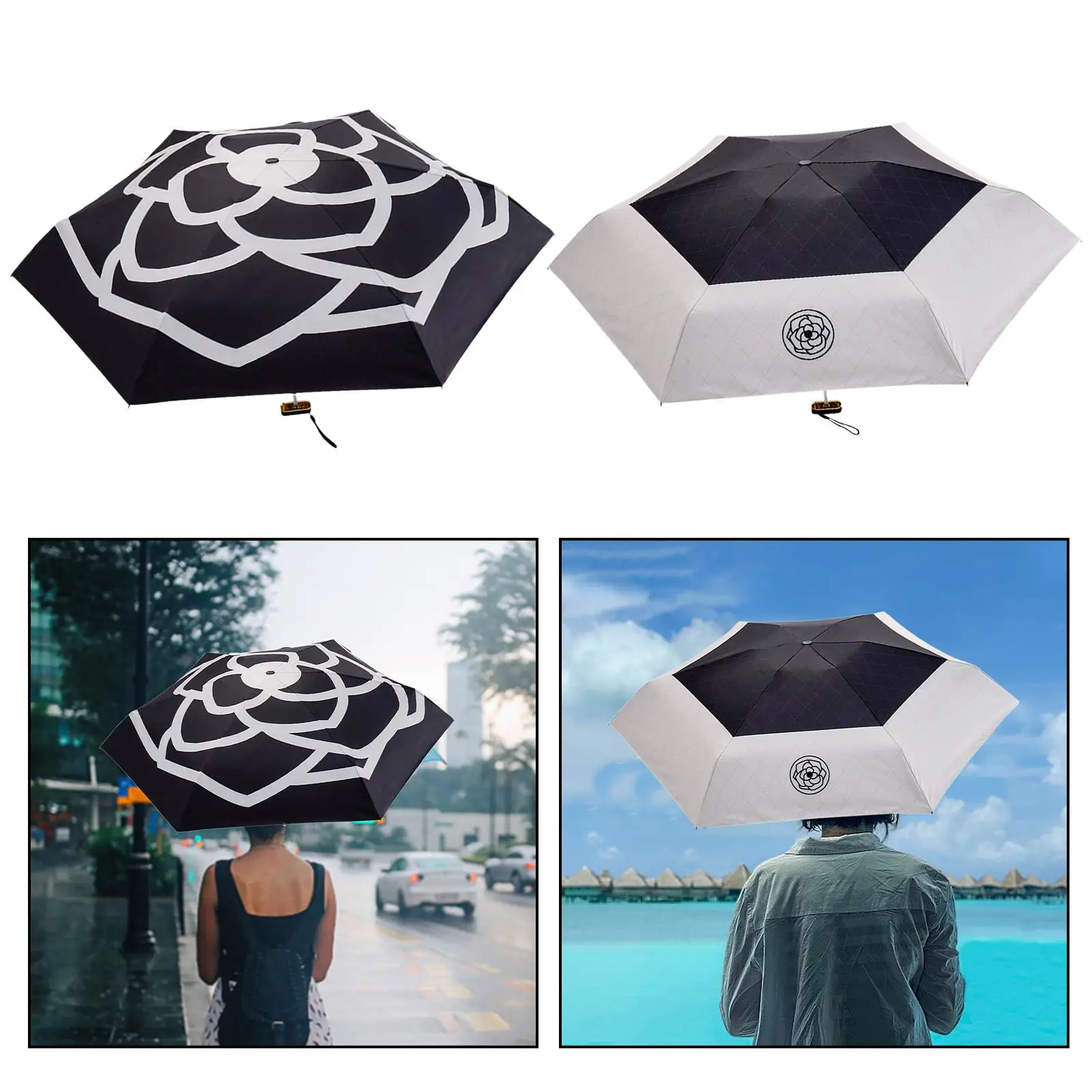 Portable Umbrella Personal Umbrella Outdoor Activities Compact 6 Ribs Camellia For Women Beach Sunny Sun Rain