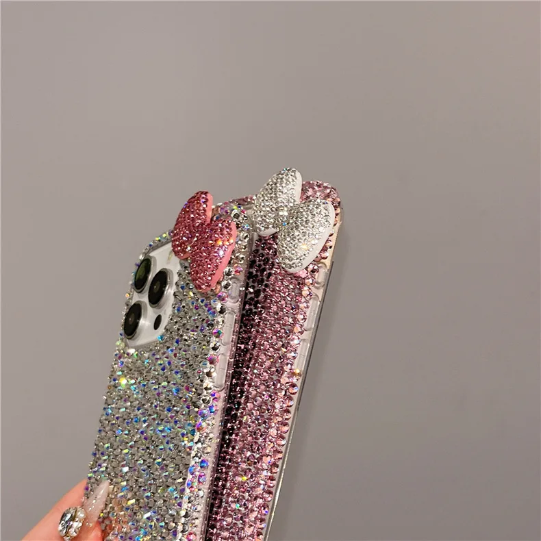 Bling Full Diamond Bowknot Phone Case For iPhone 11 12 13 14 15 16 Pro Max 7 Plus XR XS Max Luxury Pink Rhinestone Glitter Cover