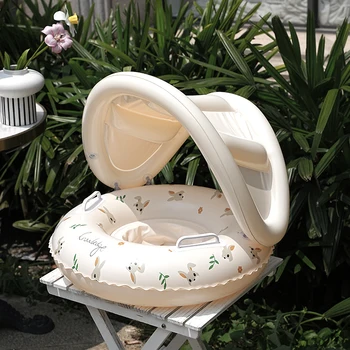 Baby Swimming Ring Inflatable Swim Ring with Detachable Sunshade Toddlers Pool Float Leakproof Baby Pool Toy for Beach Water Fun 1