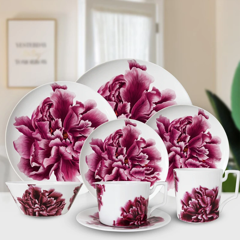 

Chinoiserie Pink Flowers Dishes and Plates Sets High Quality Bone Porcelain Bowl Ceramic Plate Dining Room Plate Kitchen Supplie