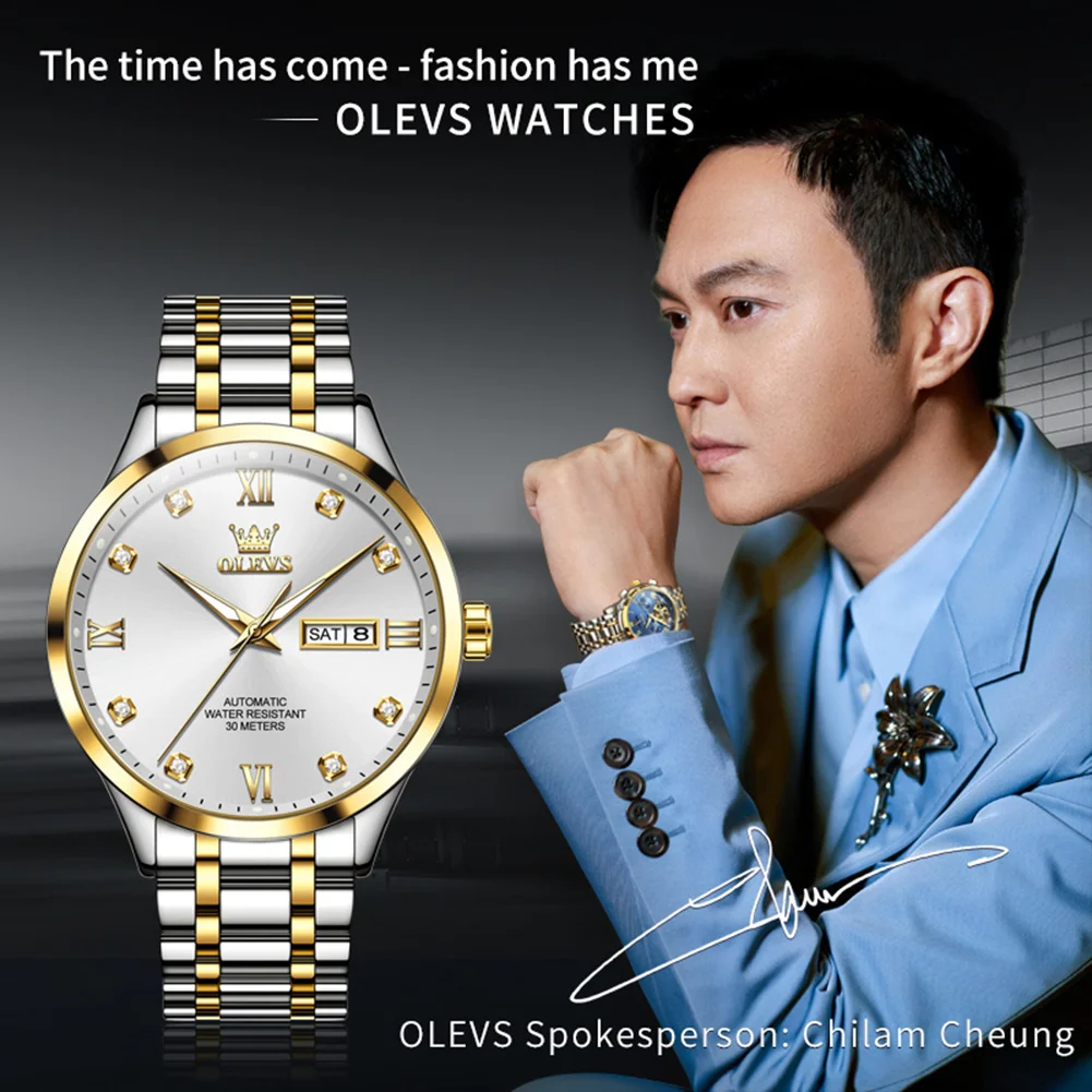 OLEVS Horloge voor Mannen Diamant Business Dress Analoge Quartz Rvs Waterdichte Lichtgevende Datum Two Tone Luxe Casual Polshorloge, Blauw Horloge voor Heren, Klassiek, Luxe