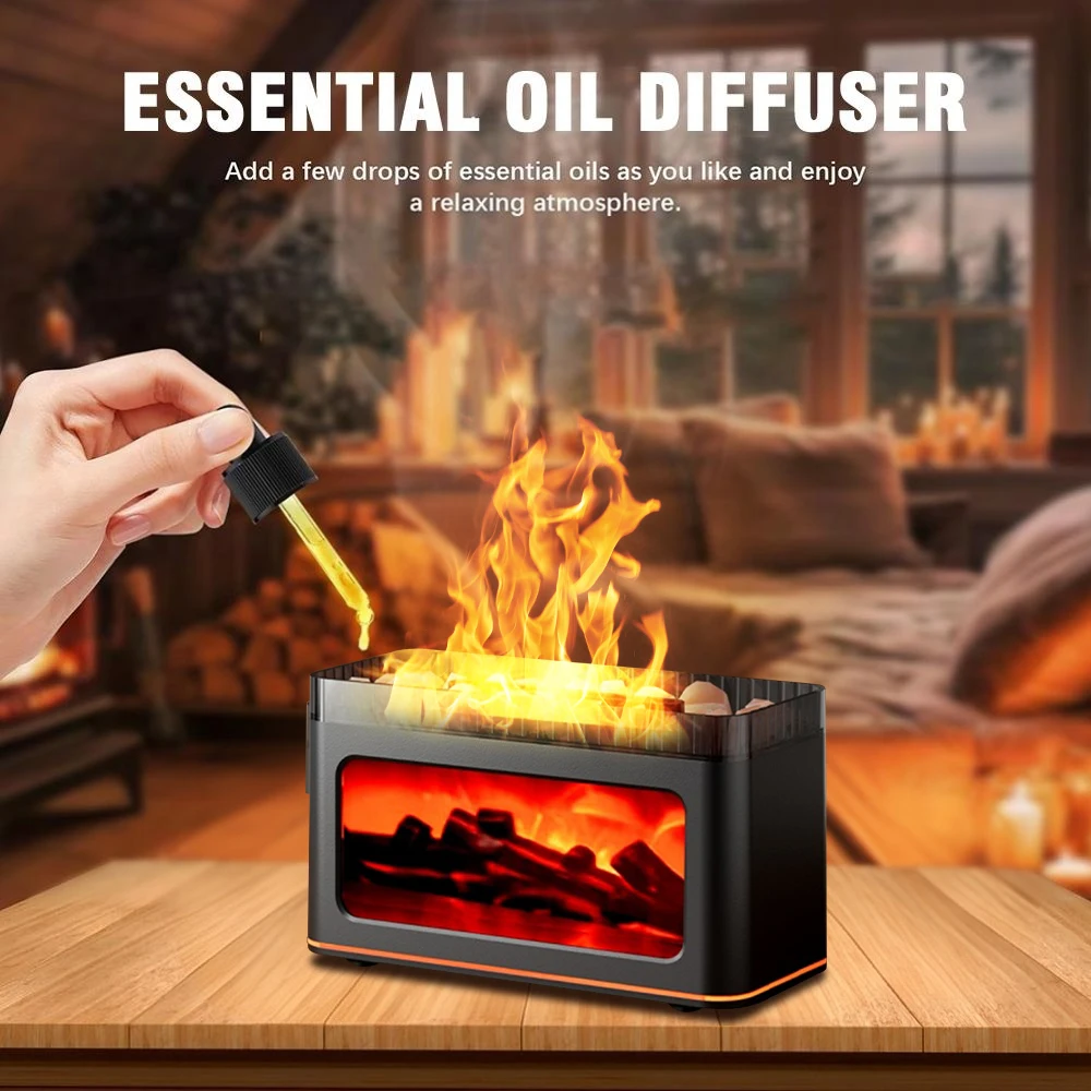 USB Desktop 3D Flame Aroma Diffuser Humidifier 7 Colors Simulation Light Aromatherapy Air Purifier for Bedroom/Essential Oil Set 3