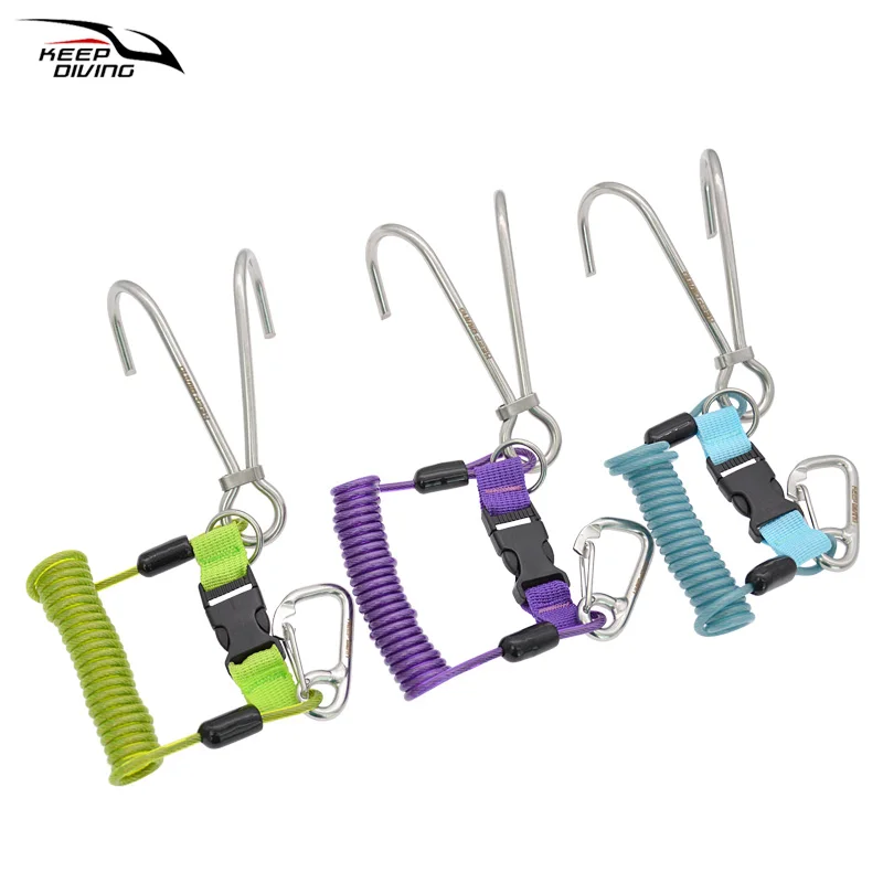 316 Stainless Steel Double Reef Hook with Spiral Coil Lanyard & Quick-release Buckle & O-ring Scuba Diving BCD Safe Equipment