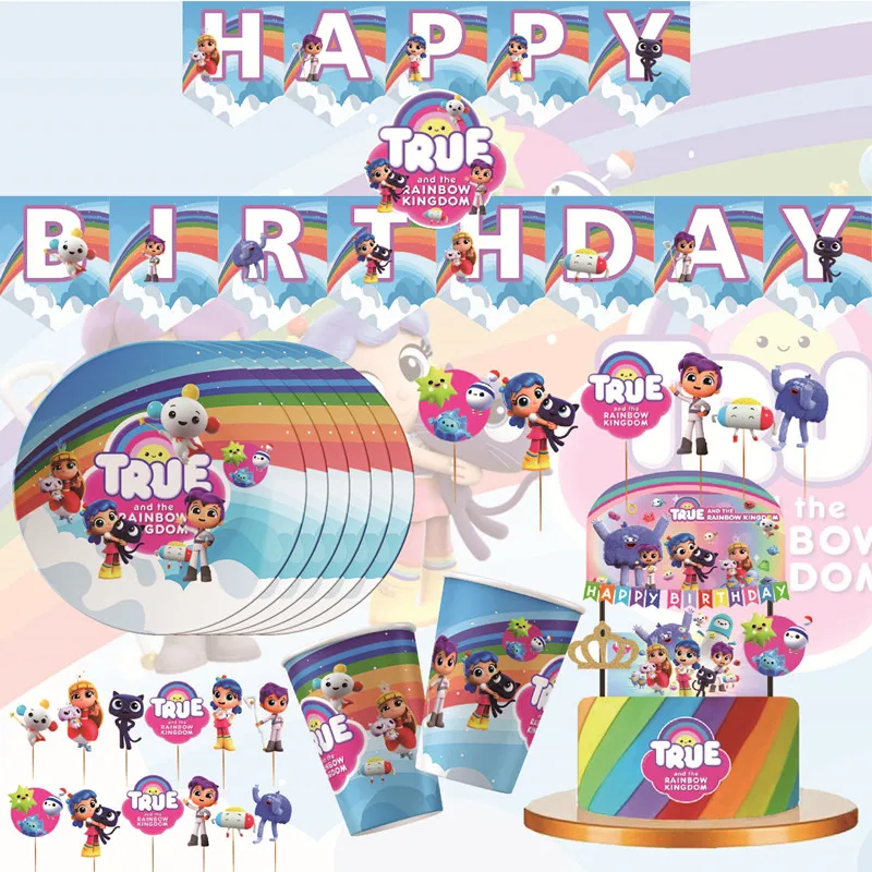 Disney True Rainbow Kingdom Birthday Theme Gift Forniture Per Feste Usa E Getta Tazze Per Feste Tovaglioli Pull Flag Cake Set Gifts