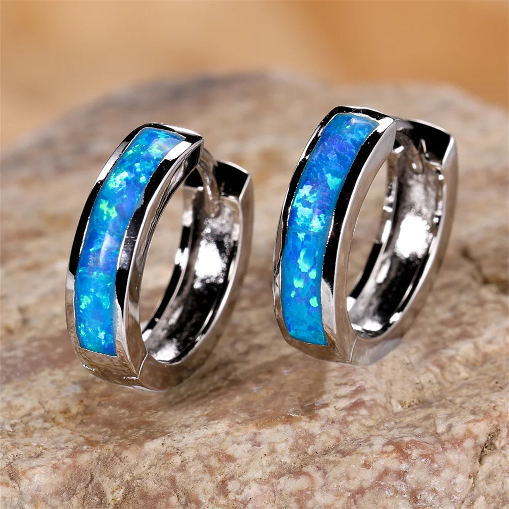 White Blue Opal Classic Small Round Circle Hoop Earrings For Women Vintage Rose Gold Silver Color Wedding Engagement Jewelry