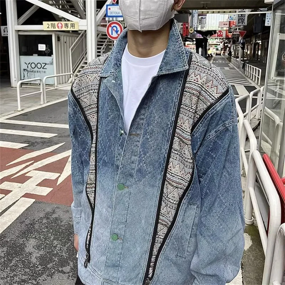 American street men's fashion new personalized zipper splicing long sleeved denim jacket for couples casual loose jacket