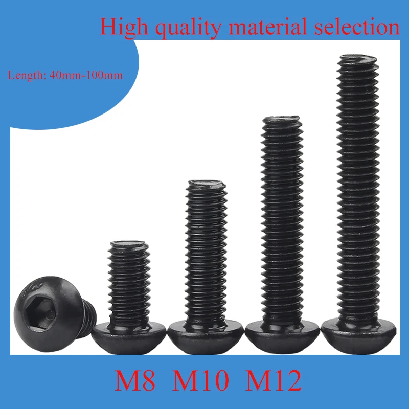 

10pcs Grade12.9 Carbon Steel Black Button Head Screw ISO7380 M8 M10 M12 Hex Socket Round Button Head Screws 40mm-100mm