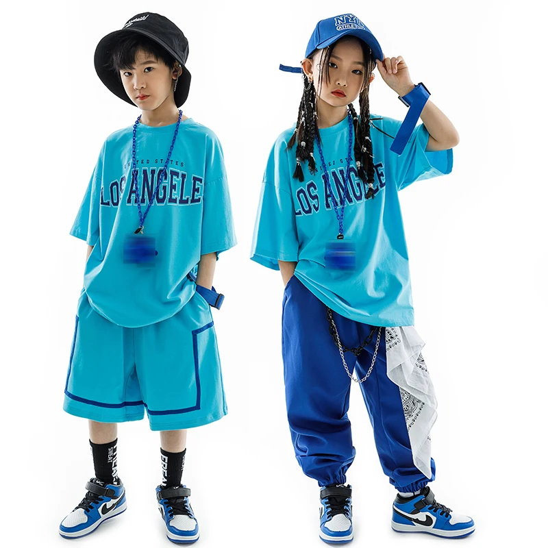 Children Costumes Street Dance Kids Hip Hop Clothing Girls Boys Blue Short Sleeves T Shirt Pants Casual Rave Clothes Loose Practice Wear BL10496