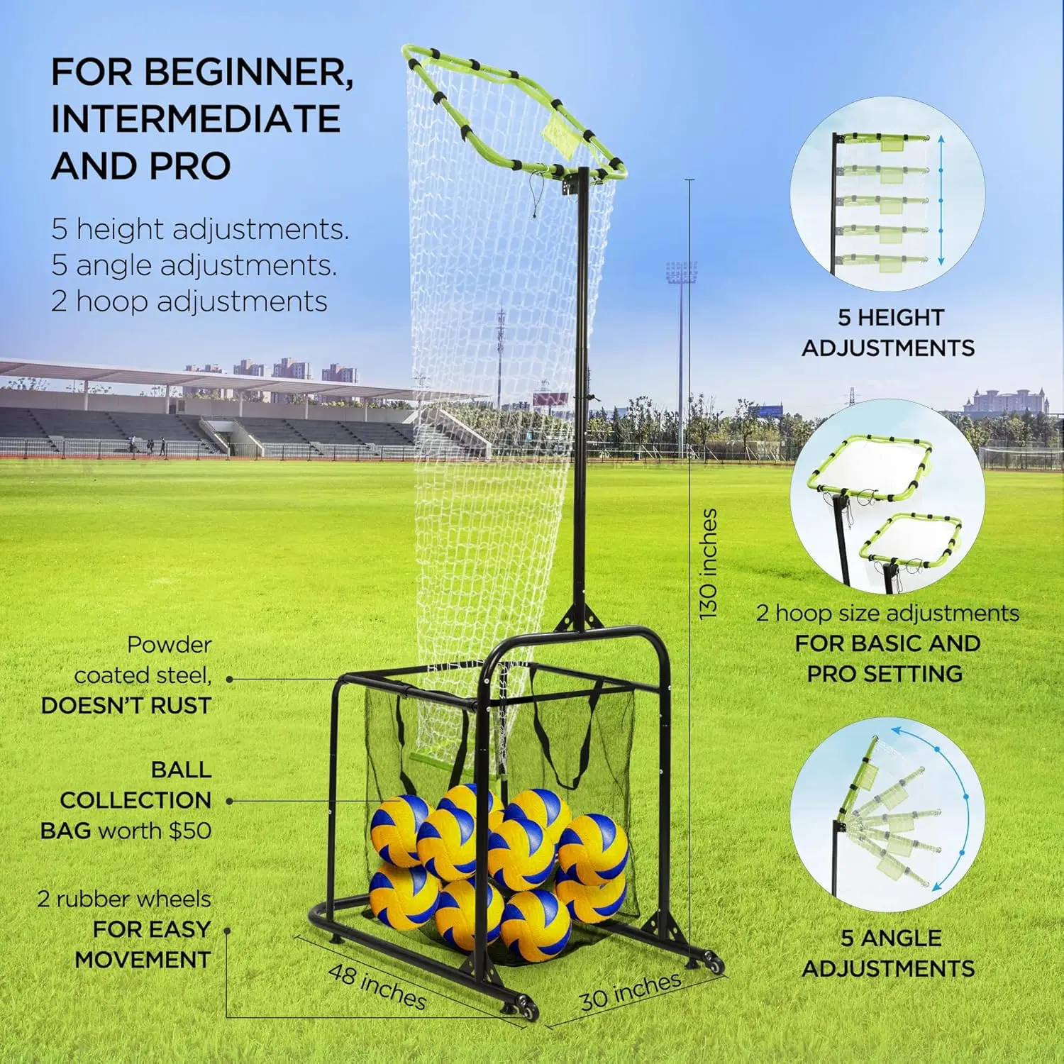 Volleyball Setter Training Equipment Volleyball Setting Trainer Setter Net with 2 Target Hoop Size 5 Angle