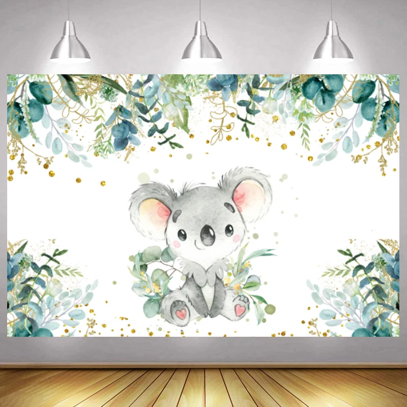 Koala Urso Fotografia Fundo Birthday Party Foto Contexto Folhas de Eucalipto Verde Decorações do Chuveiro do Bebê Decoração de Mesa de Bolo - Image 6